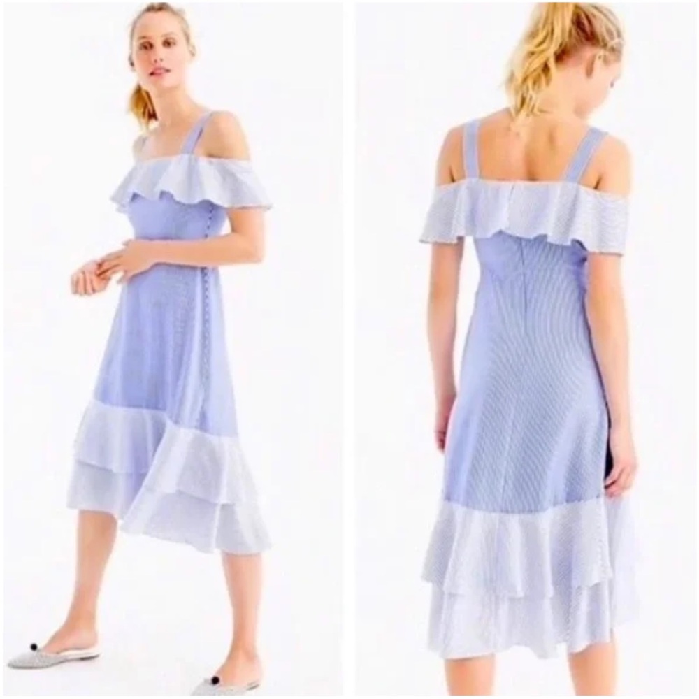 J. Crew 100% Silk Blue Striped Off-Shoulder Dress Size 0 Blue Silk Midi Summer